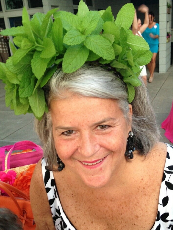 Katy Keck wearing a crown of fresh mint