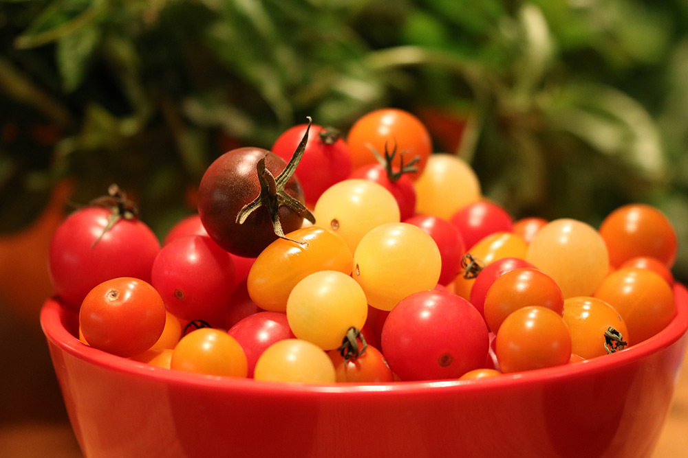 Heirloom Cherry Tomatoes in an orange bowl