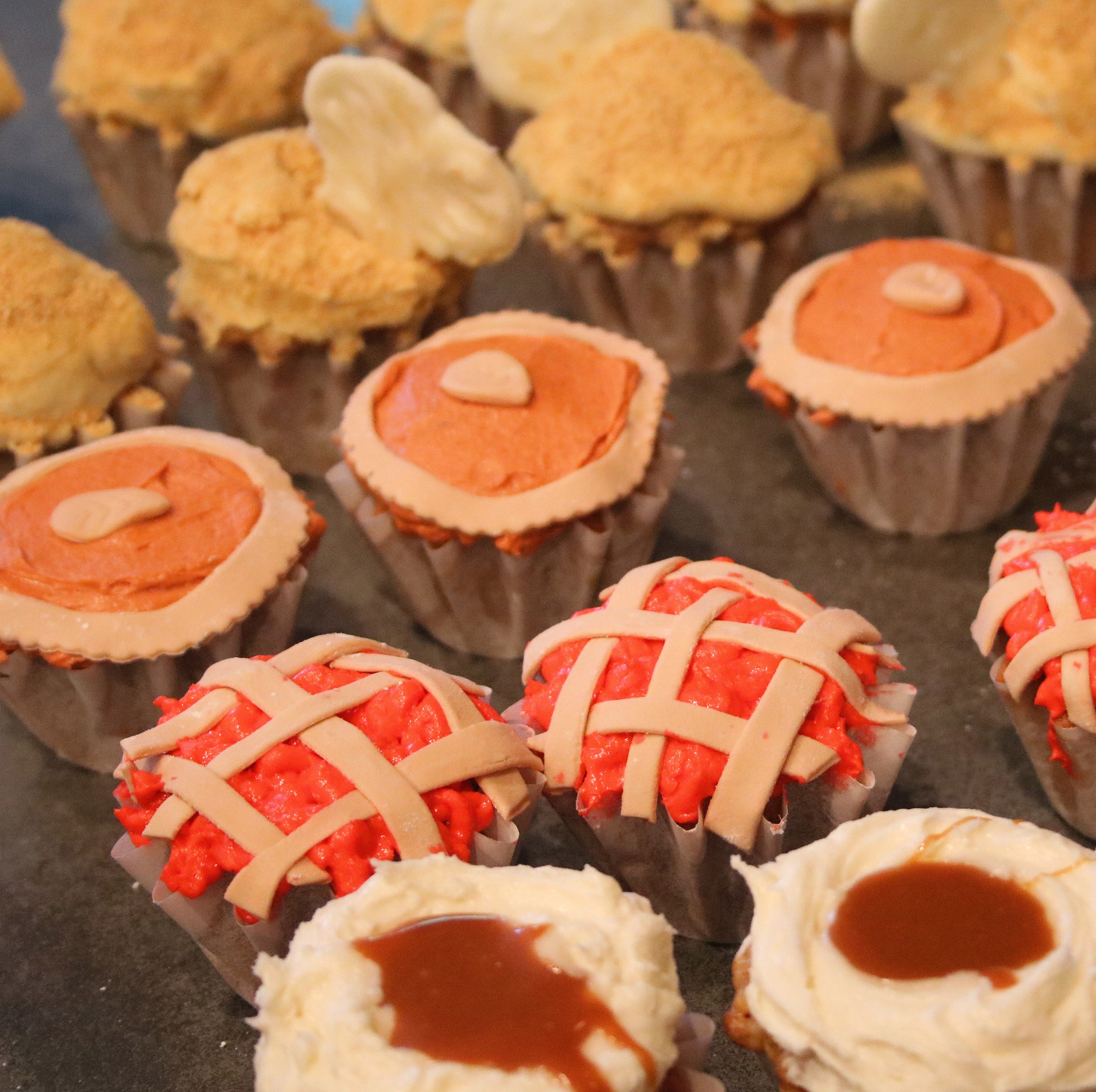 Cupcakes for a Cause Thanksgiving cupcakes: drumpstick, pumpkin pie; cherry pie and mashed potatoes and gravy