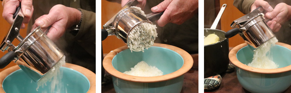 Ricing Potatoes using a potato ricer into a blue bowl