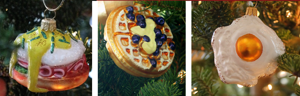 Tree ornaments: eggs benedict; waffles with blue berries and egg sunny side up