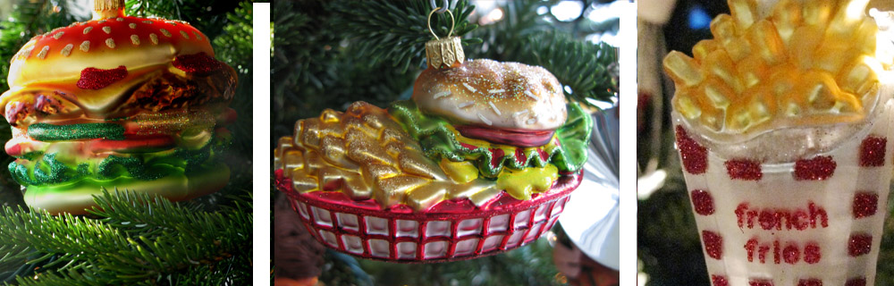 Would You like fries with that? Tree ornaments: Large burger, burger basket with fries and french fries