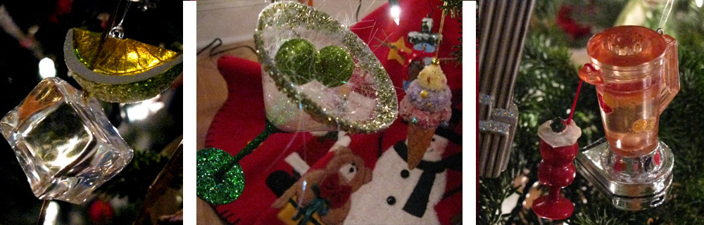 Tree ornaments: ice cube and lime slice, large martini glass and blender pouring a pink drink