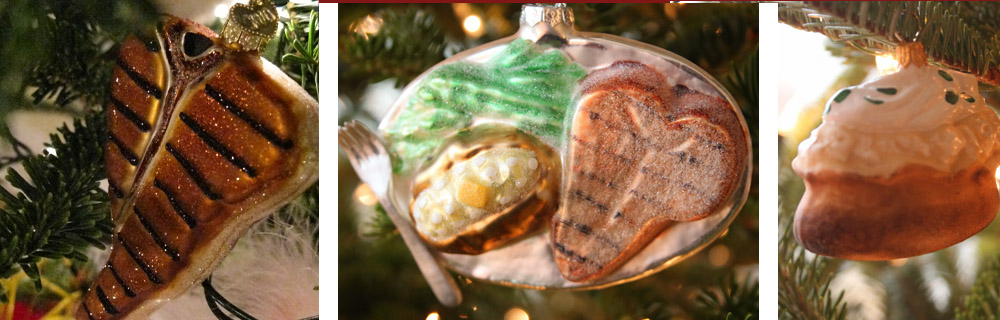 Tree ornaments: tbone steak, steak with baked potato and green beans and a baked potato