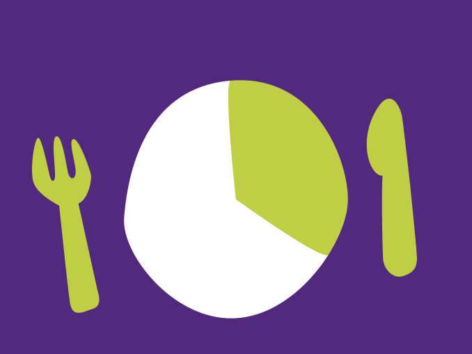 graphic of white plate with 1/3 green, green fork and knife on purple background