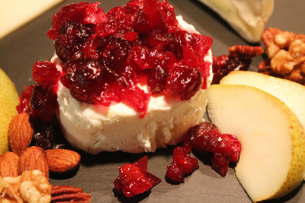 Cheesey Goodness - fresh goat cheese with cranberry chutney, almonds and sliced pears