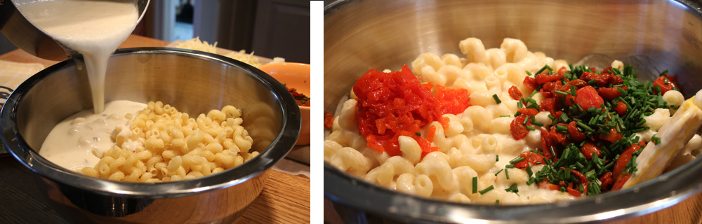 Adding the Southern Flair to mac & cheese; one bowl is pasta with mornay and the other has pimento, and herbs being added