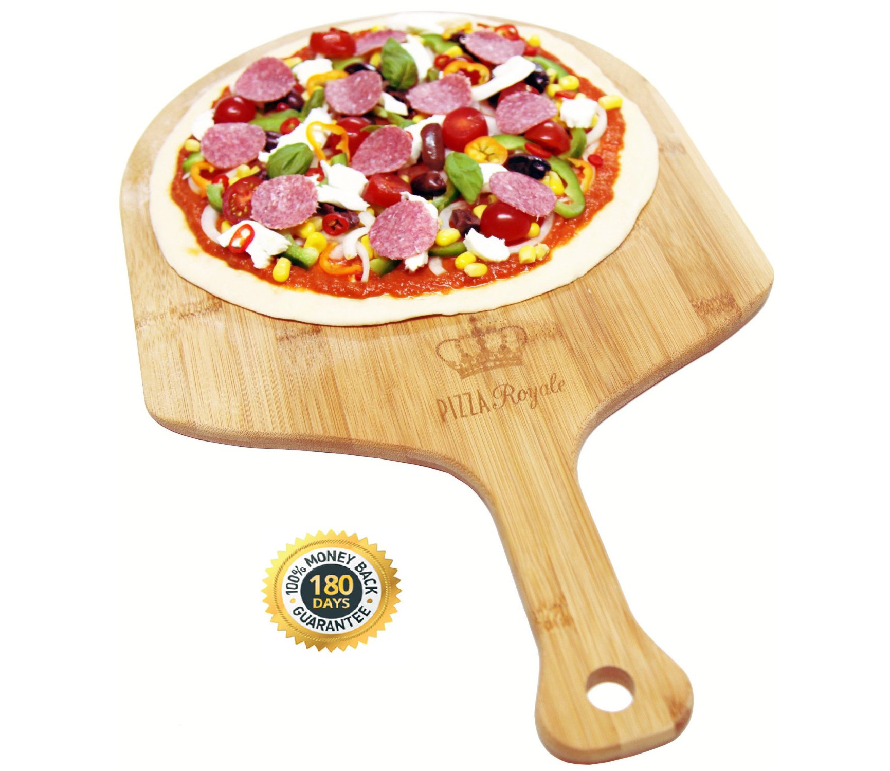 Pizza Royale Ethically Sourced Premium Natural Bamboo Pizza Peel With Uncooked Pizza on it 