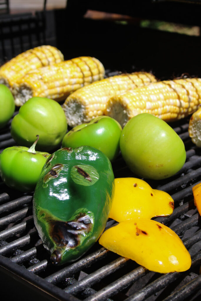 Corn, Tomatillos, Bell Peppers and Poblano on the Grill