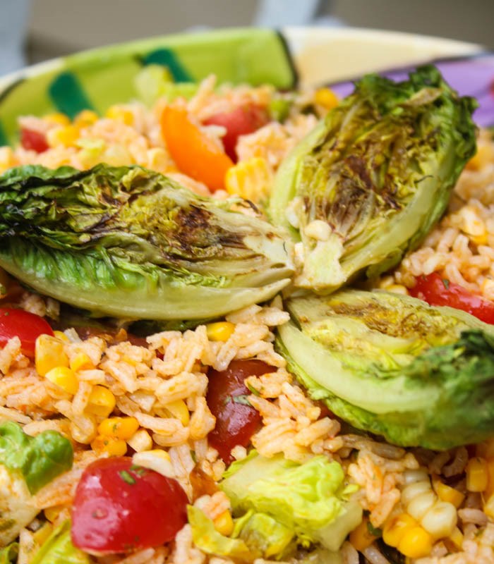 Southwest RiceSelect Texmati and Grilled Veggie Salad Bowl topped with grilled baby romaine