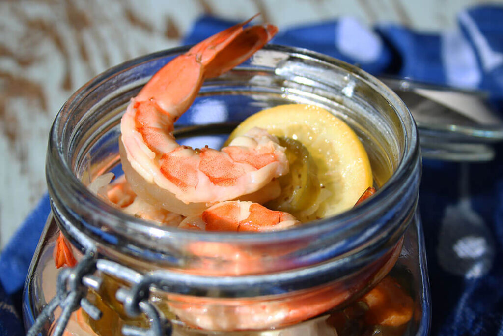 Mason Jars Filled with Pickled Shrimp