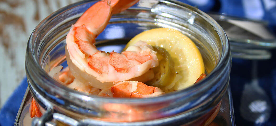 Mason Jars Filled with Pickled Shrimp