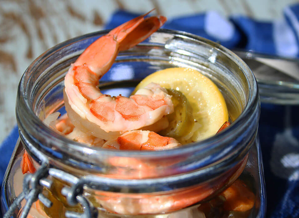 Mason Jars Filled with Pickled Shrimp