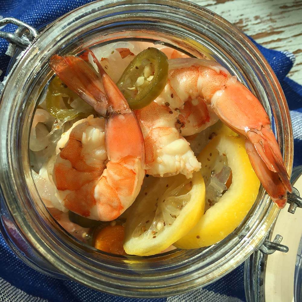 Pickled Shrimp in a mason jar, overhead shot