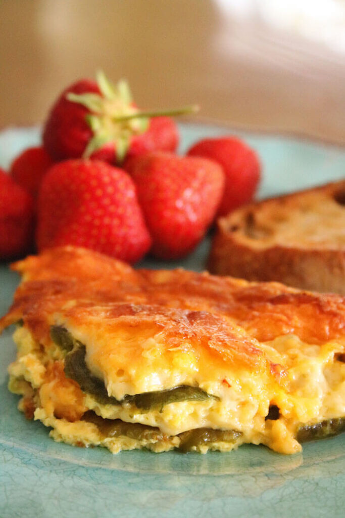 Roasted Poblano Strata with strawberries and toast
