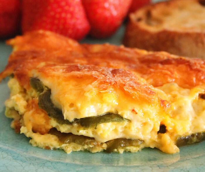 Roasted Poblano Strata with strawberries and toast