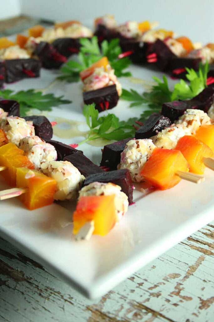 Roasted Beets with Nutty Goat Cheese on skewers