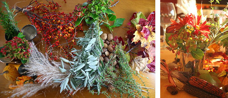 Fall Foliage for the centerpiece - herbs and berries and grasses