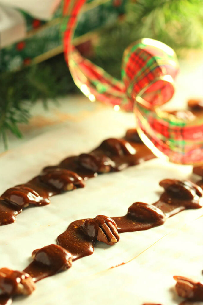 Grandmother Keck\'s Butterscotch (English Toffee) with ribbons and evergreens