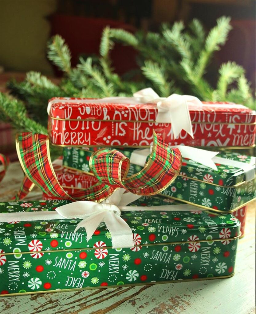 Red and Green Holiday decor Rectangular Tins with ribbons