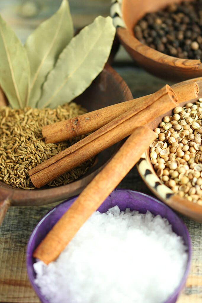 Warm Spices: bowls of fennel, coriander, cinnamon stick, pepper corns and sea salt