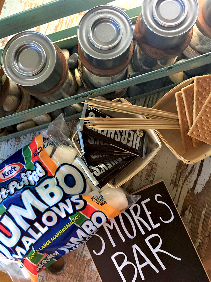 S\'Mores Bar with cans of sterno, jumbo marshmallows, Hersheys and grahams