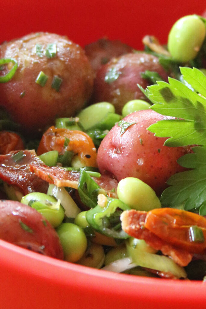 Roasted Potato Salad with edamame, bacon, ovendried tomatoes, scallions and parsley in an red bowl