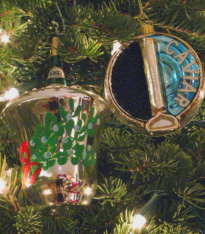 Christmas ornaments: bucket of champagne and tin of caviar