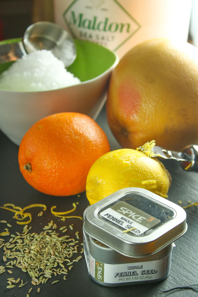 Citrus Salt Ingredients: maldon sea salt, orange, lemon, grapefruit with zester and fennel seeds