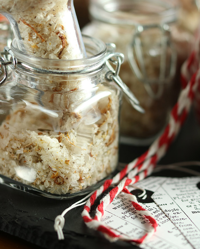 Citrus Salt and Zesty Pepper homemade gifts in spice jar with twine