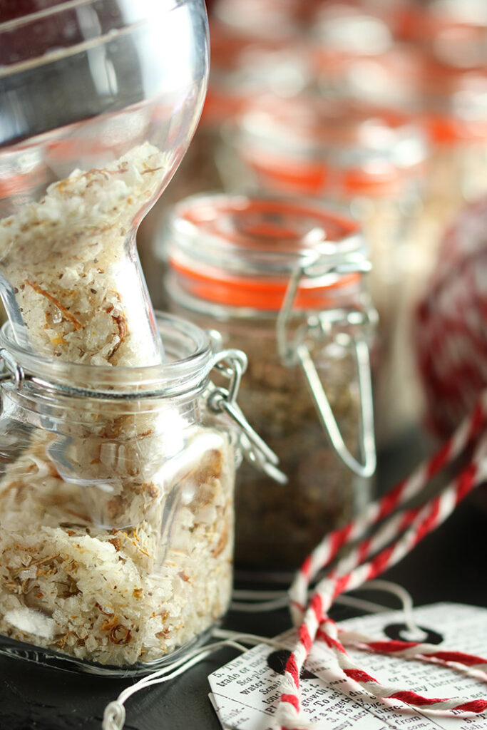 close up of the jar being filled with citrus salt