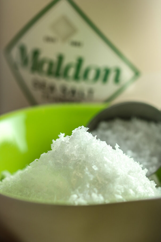 Maldon sea salt in a lime green bowl