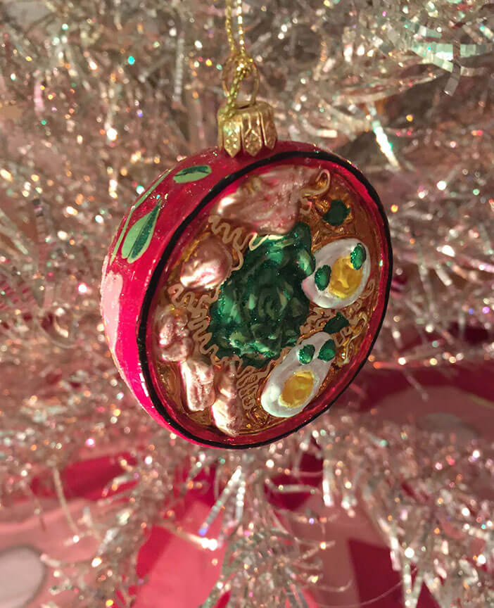 Food Ornaments for a christmas tree - bowl of ramen noodles shown on an evergleam silver tree