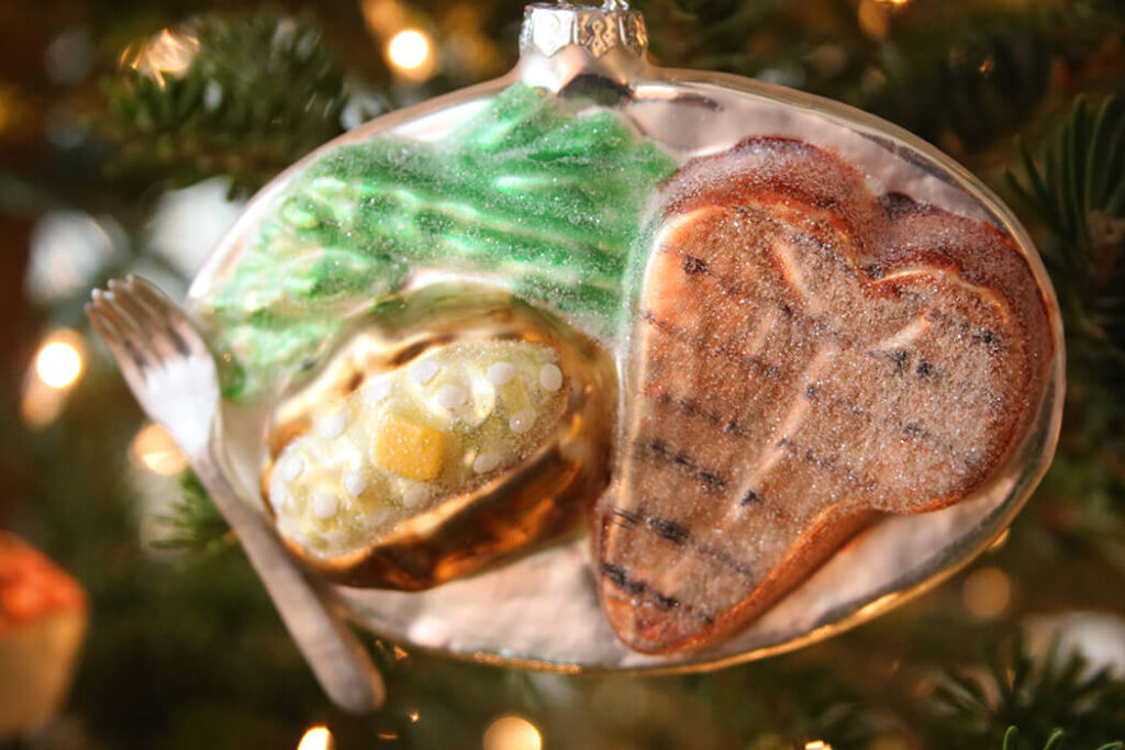 Steak Dinner ornament with beans, baked potato and a fork