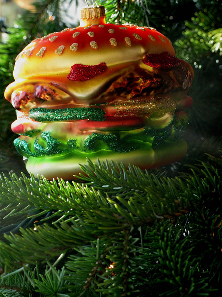 almost lifesized hamburger ornament with sesame seed bun, pickles, cheese and more