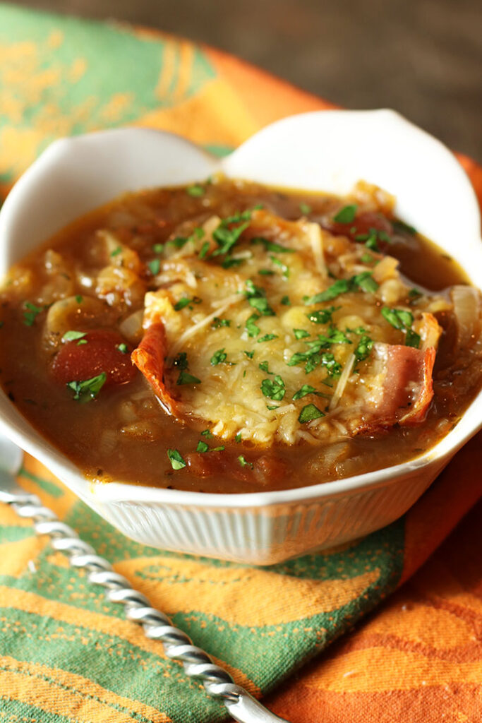 Cipolline Onion Soup with Prosciutto Parmesan Crust