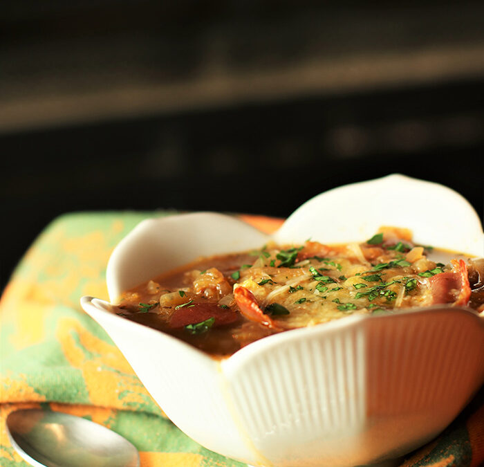 Three Onion Soup with Parmesan Prosciutto Crust