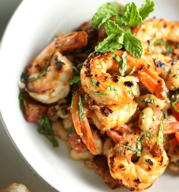 Shrimp and White Beans with Roasted Garlic & Mint