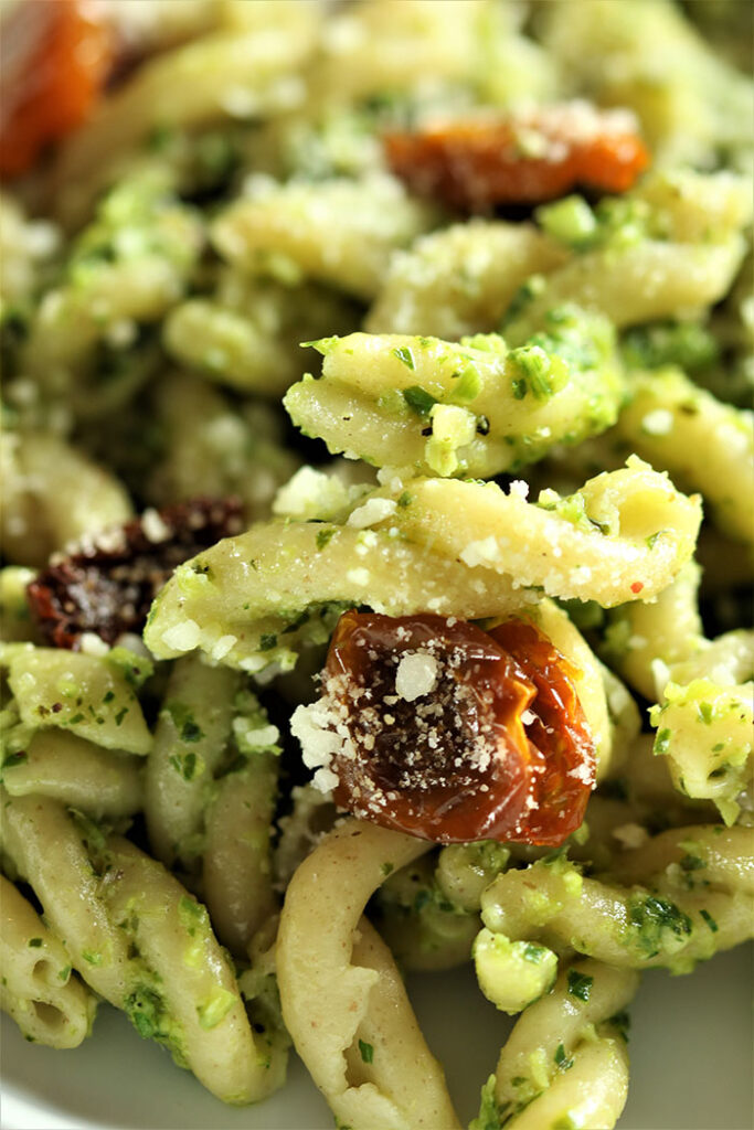 Scape Pesto on Gemelli with Oven-Dried Tomatoes