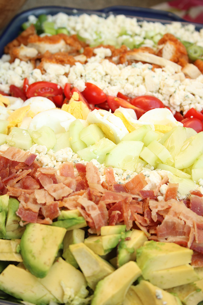 Deconstructed: Cobb Salad - rows of avocado, bacon hard boiled eggs, cucumber, chicken, tomatoes, blue cheese