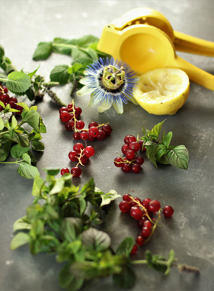 Currants and Mint with lemons and citrus press