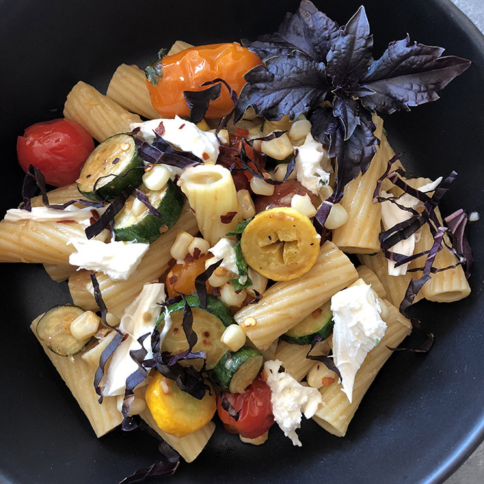 Skillet Burst Tomatoes Pasta with Fresh Mozzarella