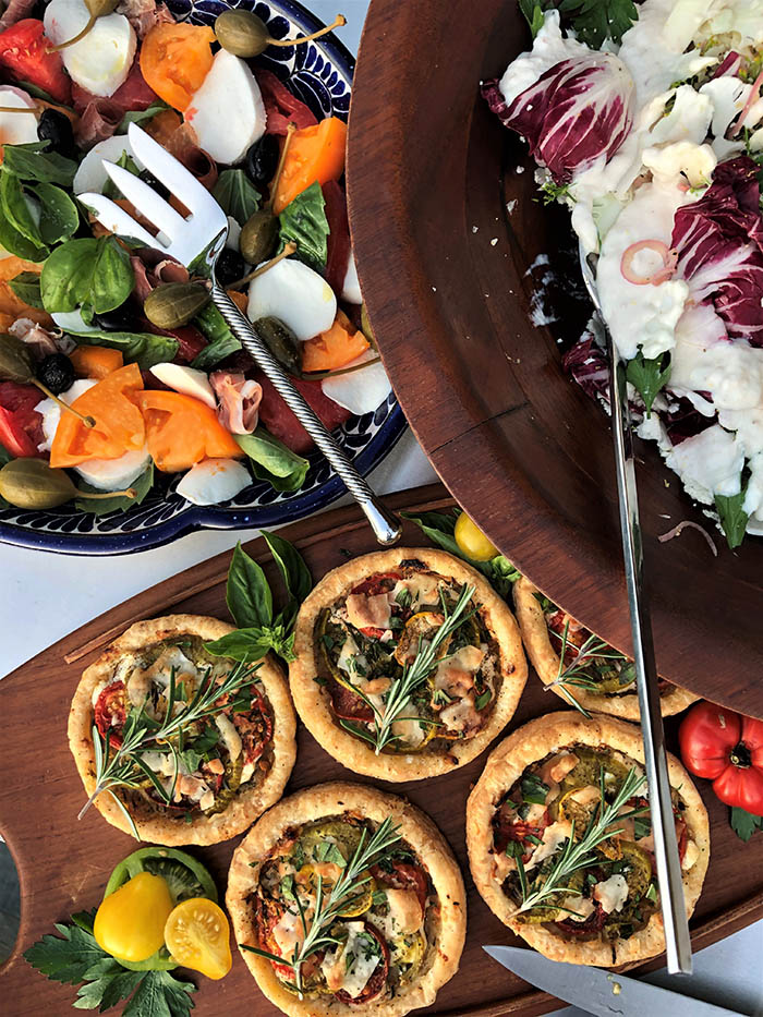 Caprese, Shaved Cauliflower and Goat Heirloom Tomato Tarts