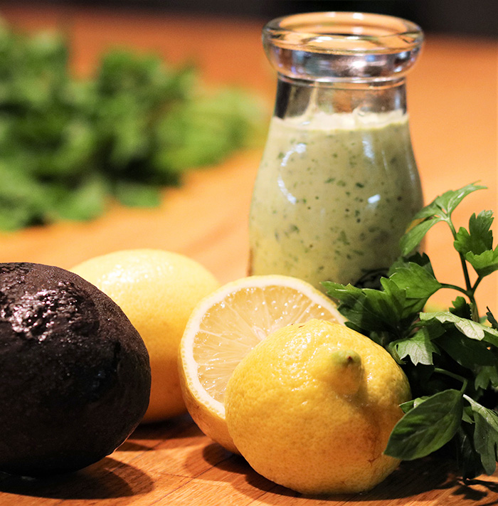 Creamy Avocado Dressing with avocado, lemon, and parsely