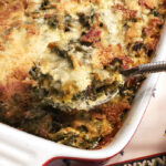 Casserole of rainbow chard and leek gratin, with spoon out