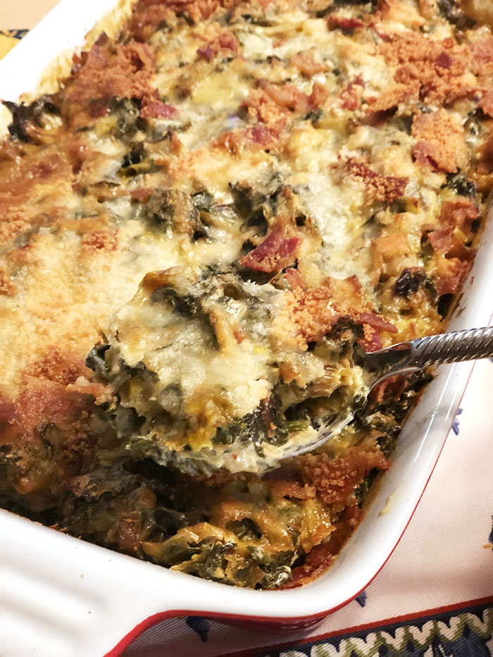 Casserole pan of leek and rainbow chard gratin