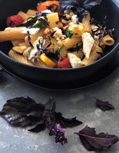 Black bowl with rigatoni, goat cheese, skillet burst tomatoes and purple basil
