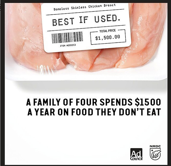 Chicken breast on deli tray with label saying "best if used" and price of $1500. A family of four spends $1500 a year on food they don't eat. 