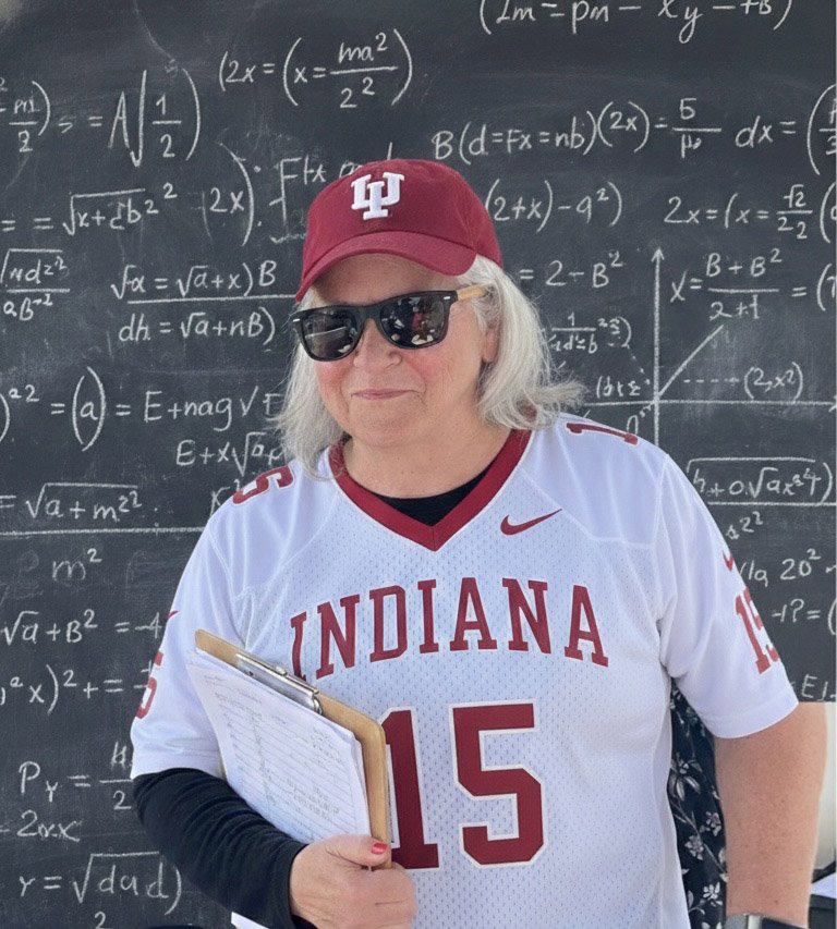 Bad photoshop of Coach wanna be talking chalk. Mendoza jersey, IU cap surrounded by formulas